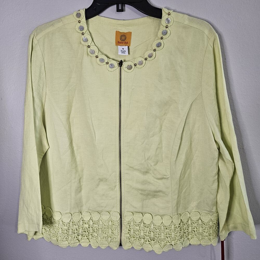 Ruby Rd. Women's 16 Lime green Linen Blend Blazer Jacket Embroidered Applique